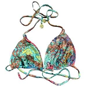 Luli Fama Triangle String Bikini Rhinestones Top DD Gold Plated Rings Resortwear